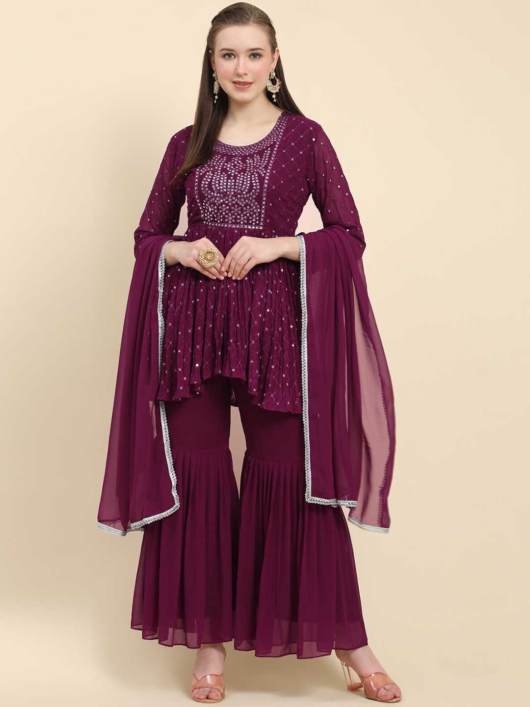 

KALINI Floral Embroidered Thread Work Kurti with Sharara & Dupatta, Purple