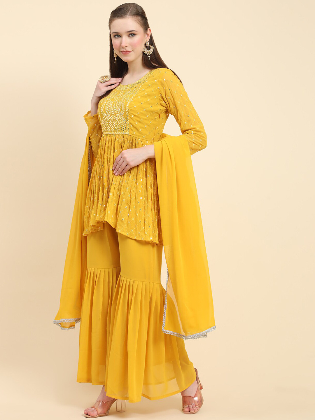 

KALINI Floral Embroidered Thread Work Kurta With Sharara & Dupatta, Yellow