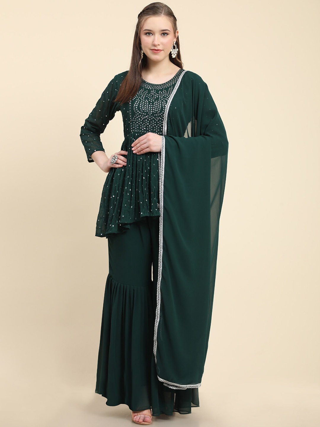 

KALINI Embroidered Sequinned Georgette Anarkali Kurti with Sharara & Dupatta, Green