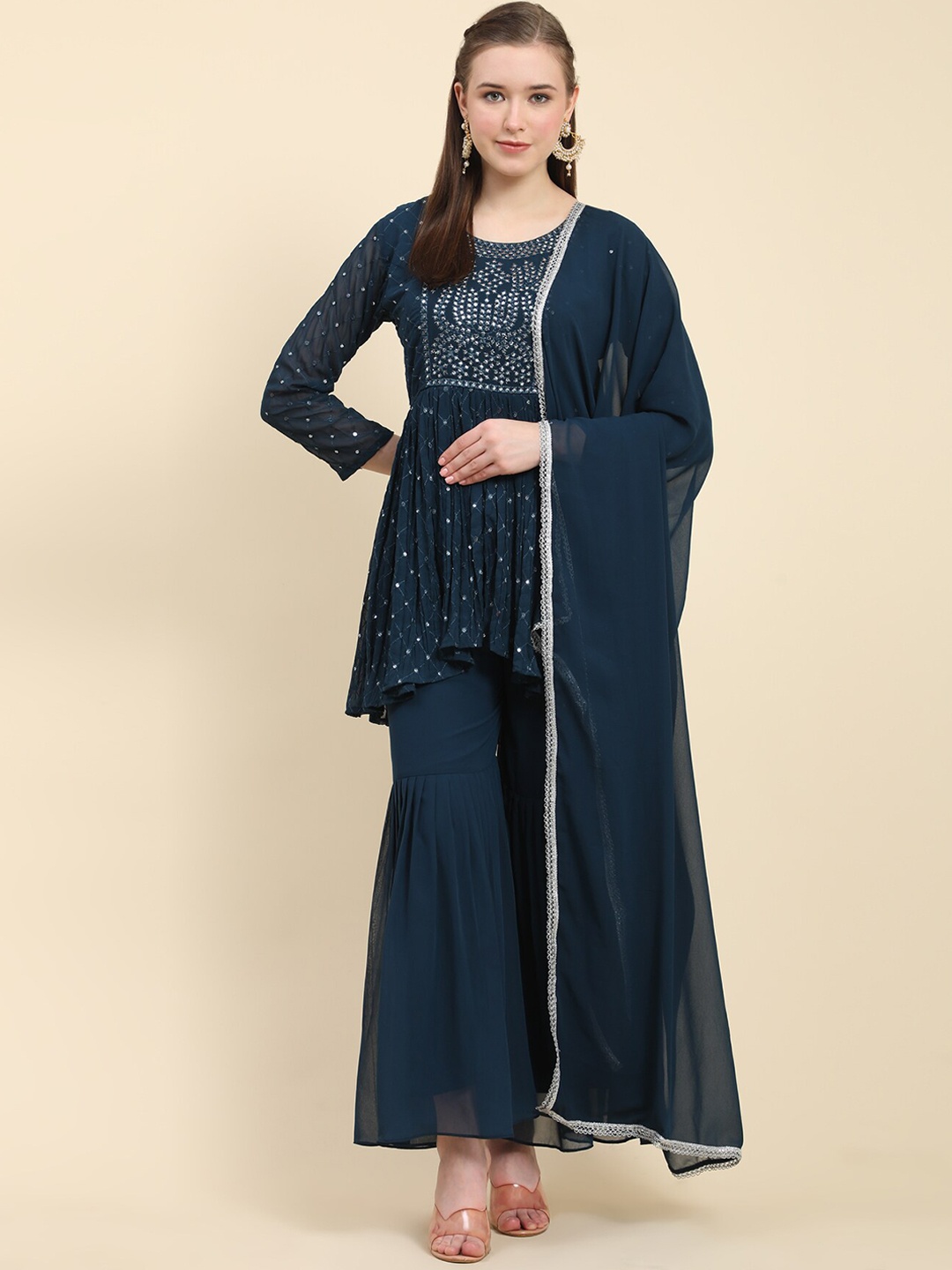 

KALINI Geometric Embroidered Mirror Work Kurti with Sharara & Dupatta, Teal