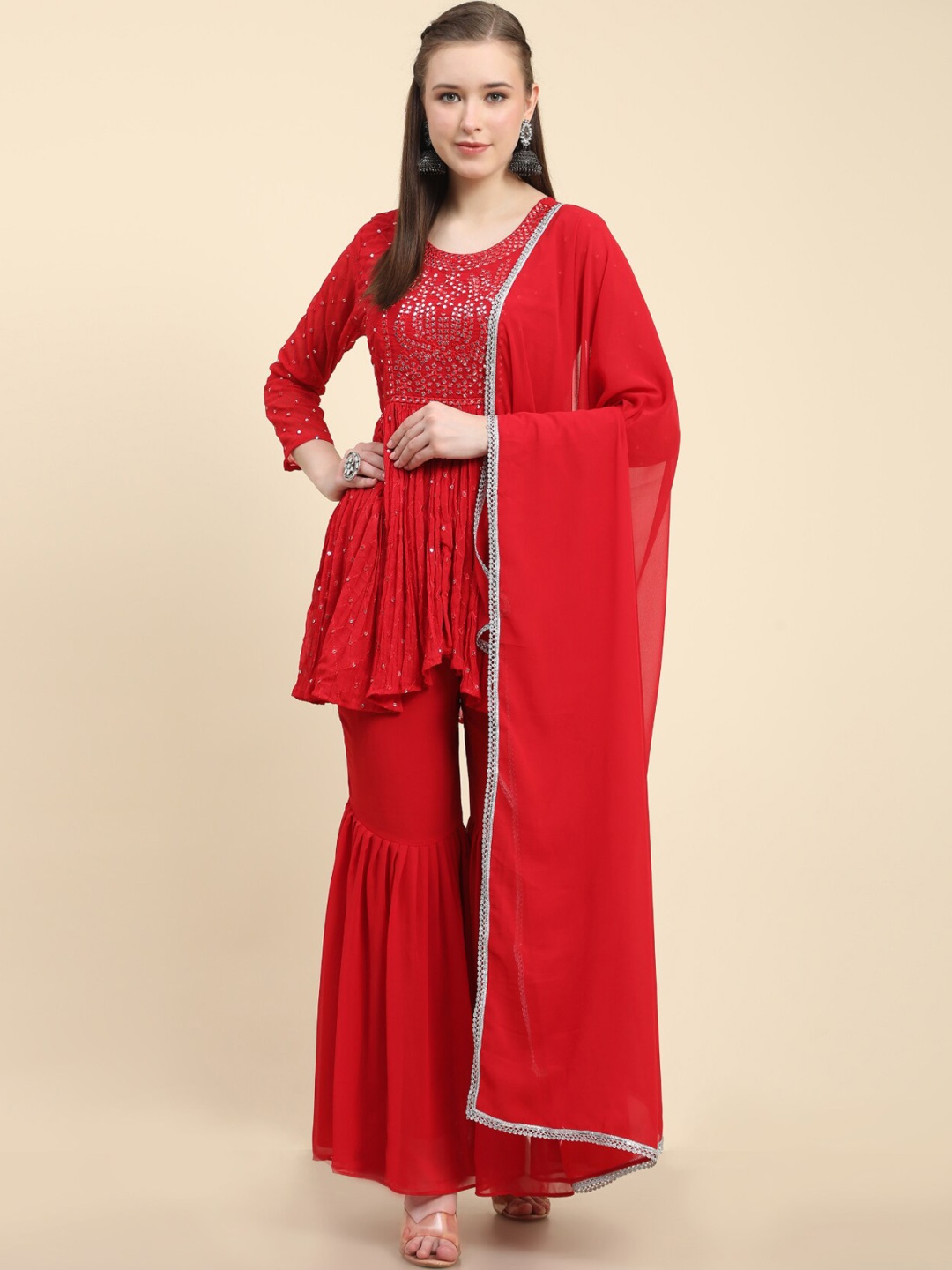 

KALINI Geometric Embroidered Mirror Work Kurti with Sharara & Dupatta, Red