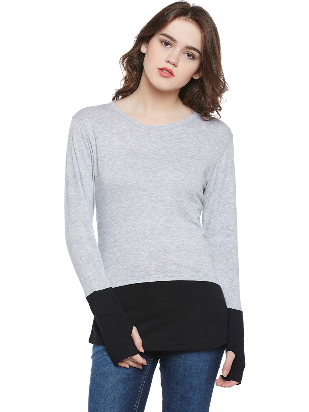 

Hypernation Women Grey Melange & Black Colourblocked Round Neck T-shirt