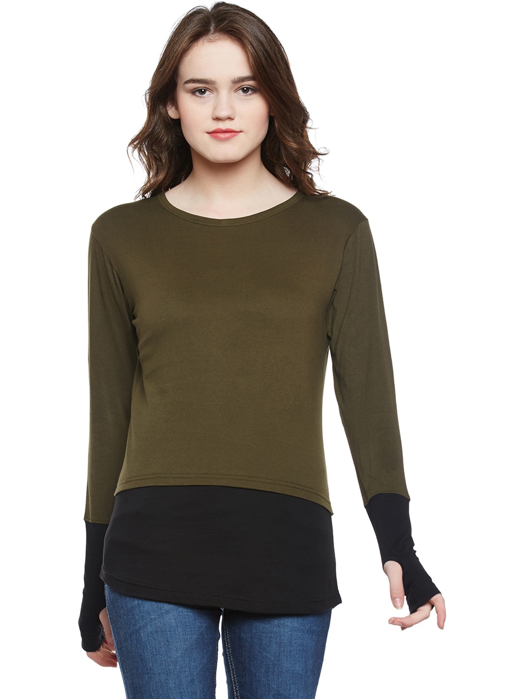 

Hypernation Women Olive Green & Black Colourblocked Round Neck T-shirt