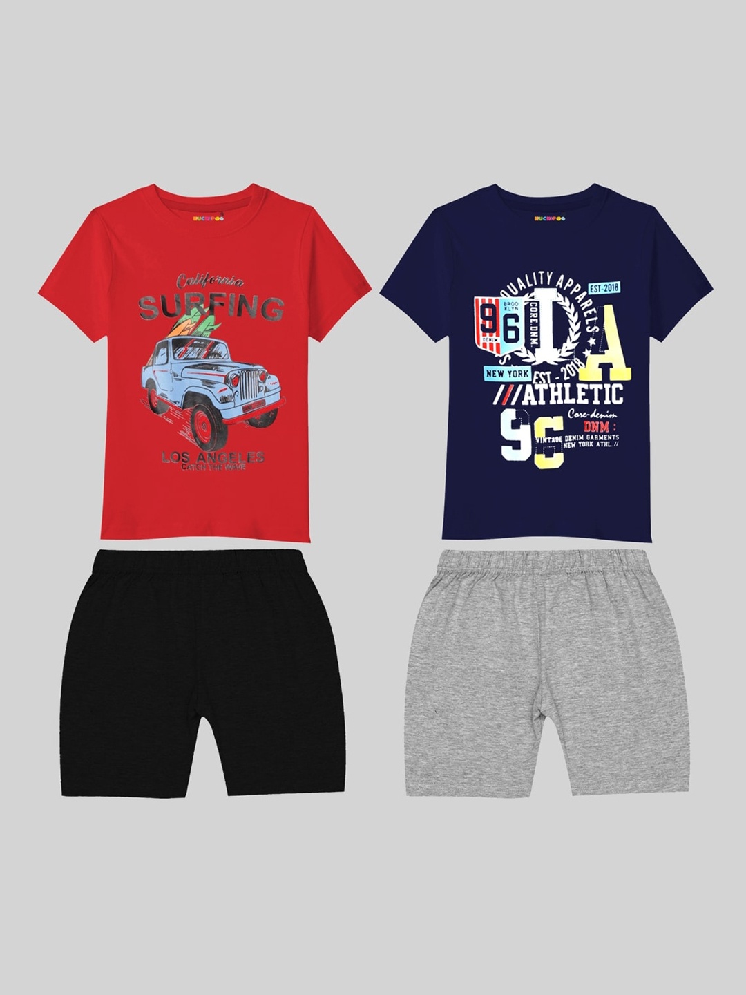 

KUCHIPOO Boys Pack Of 2 Typography Printed Cotton Night Suit, Red