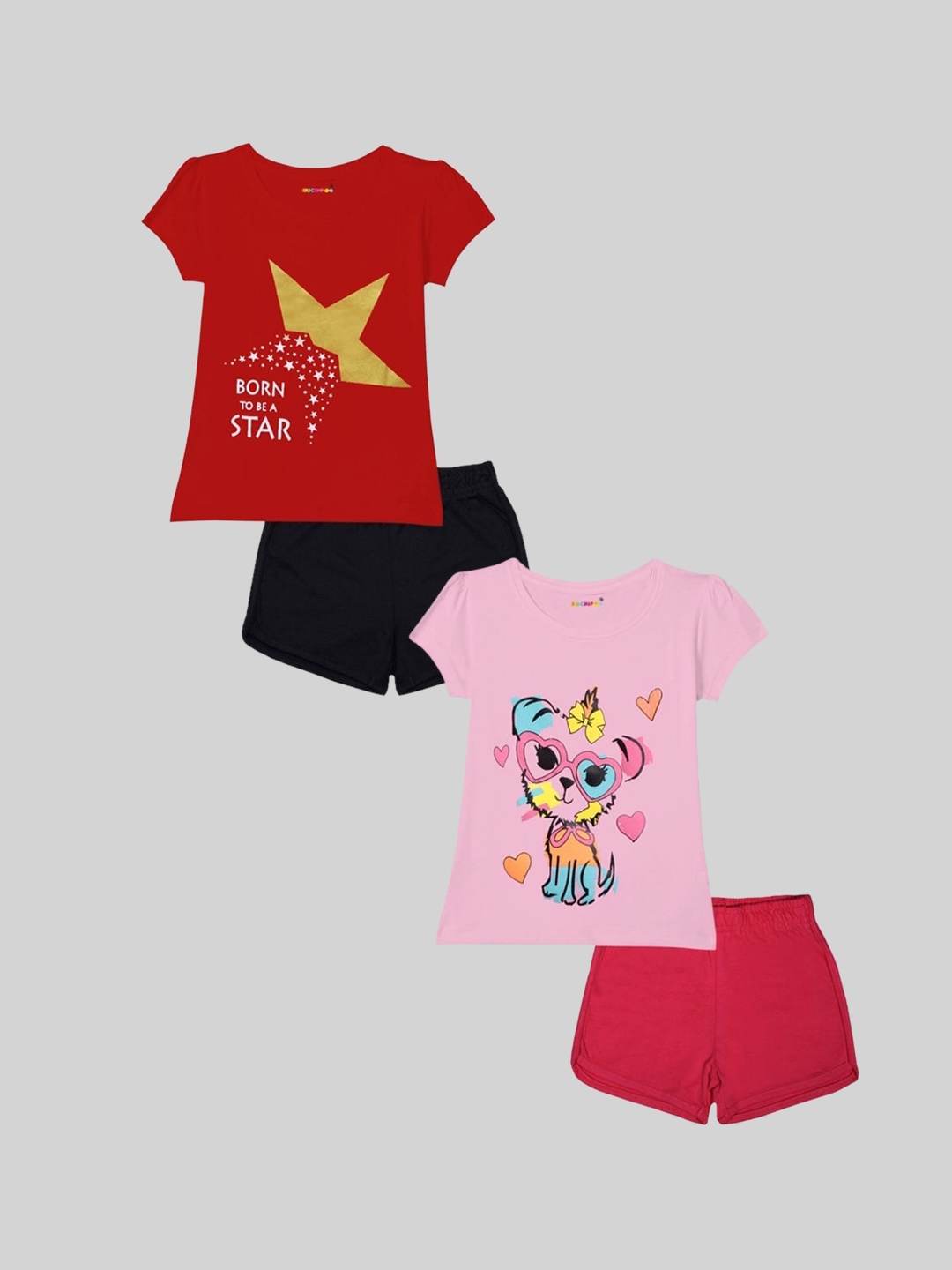 

KUCHIPOO Girls Pack Of 2 Graphic Printed Night Suit, Red