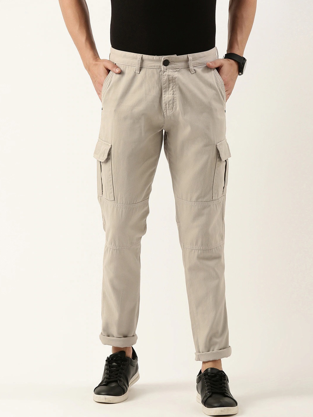 

IVOC Men Pure Cotton Slim Fit Mid-Rise Cargos Trousers, Beige