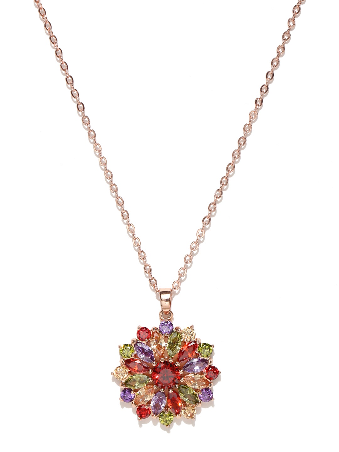 

Jewels Galaxy Multicoloured 18K Rose Gold-Plated CZ Stone-Studded Pendant with Chain, Multi