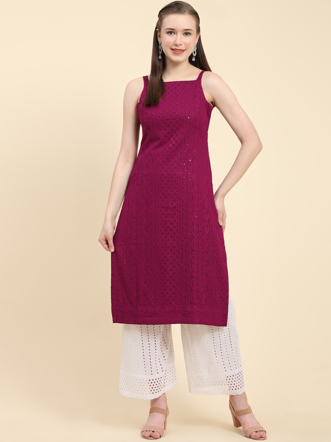 

KALINI Ethnic Motifs Embroidered Chikankari Georgette Kurta, Burgundy