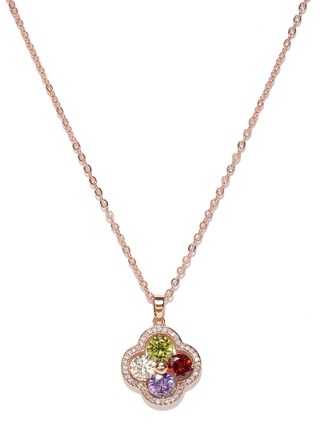 

Jewels Galaxy Multicoloured 18K Rose Gold-Plated CZ Stone-Studded Pendant with Chain, Multi