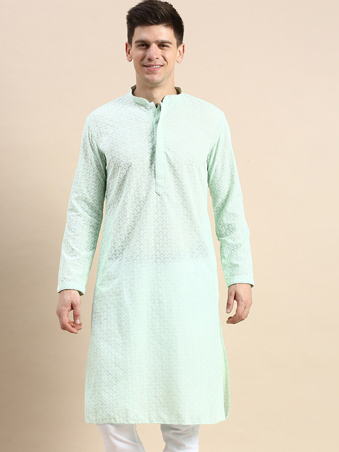 

Sanwara Ethnic Motifs Embroidered Chikankari Cotton Kurta, Sea green