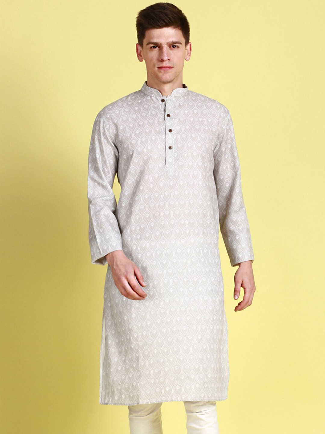 

Sanwara Ethnic Motifs Printed Mandarin Collar Cotton Kurta, Grey