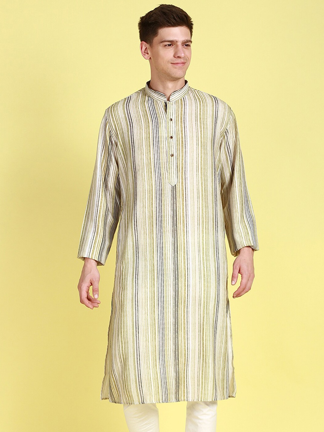 

Sanwara Striped Mandarin Collar Cotton Kurta, Green