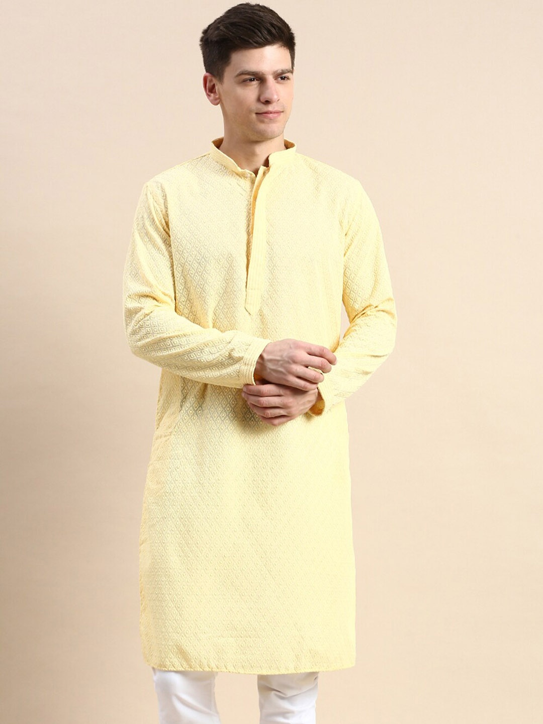 

Sanwara Ethnic Motifs Embroidered Chikankari Cotton Kurta, Yellow