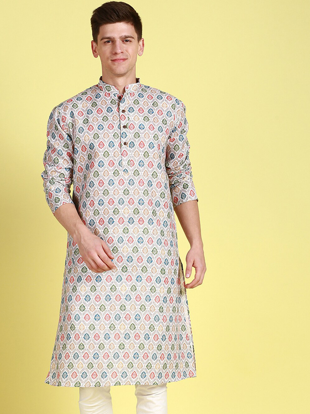 

Sanwara Floral Printed Mandarin Collar Cotton Kurta, Blue