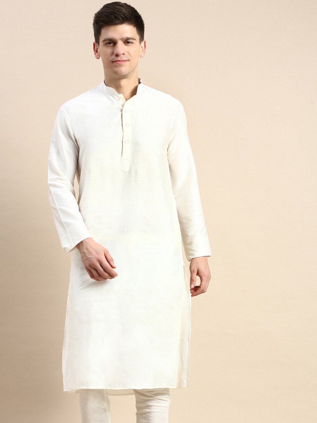 

Sanwara Mandarin Collar Cotton Silk Straight Kurta, Off white