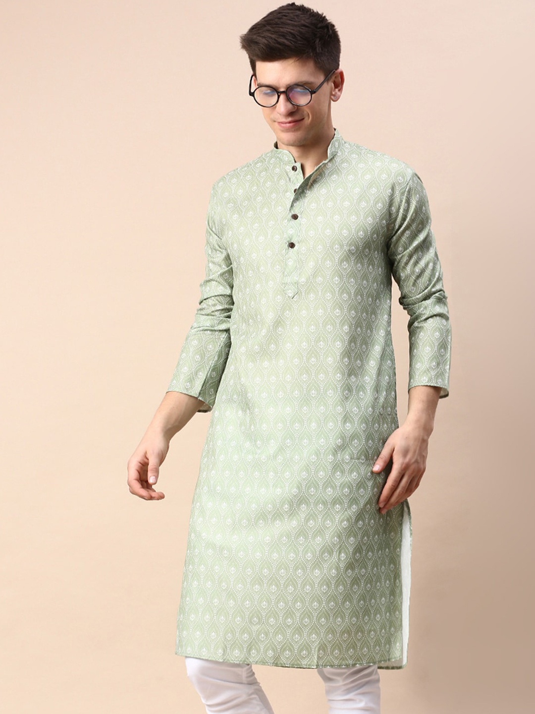 

Sanwara Floral Printed Mandarin Collar Cotton Kurta, Green