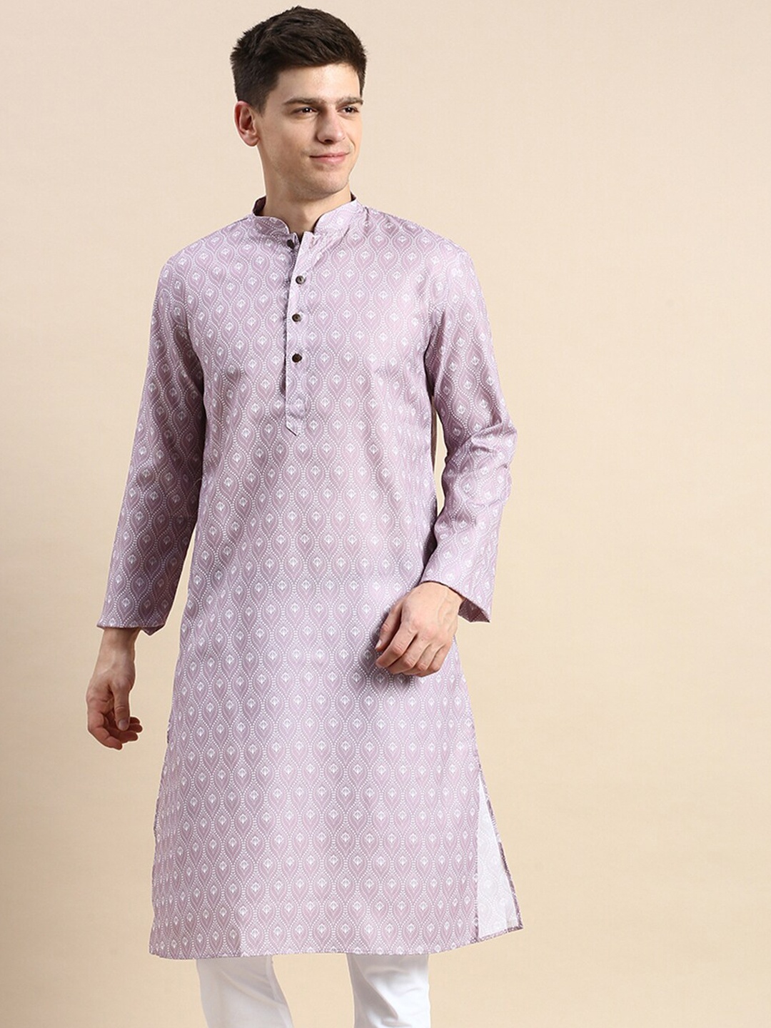 

Sanwara Floral Printed Mandarin Collar Cotton Kurta, Purple