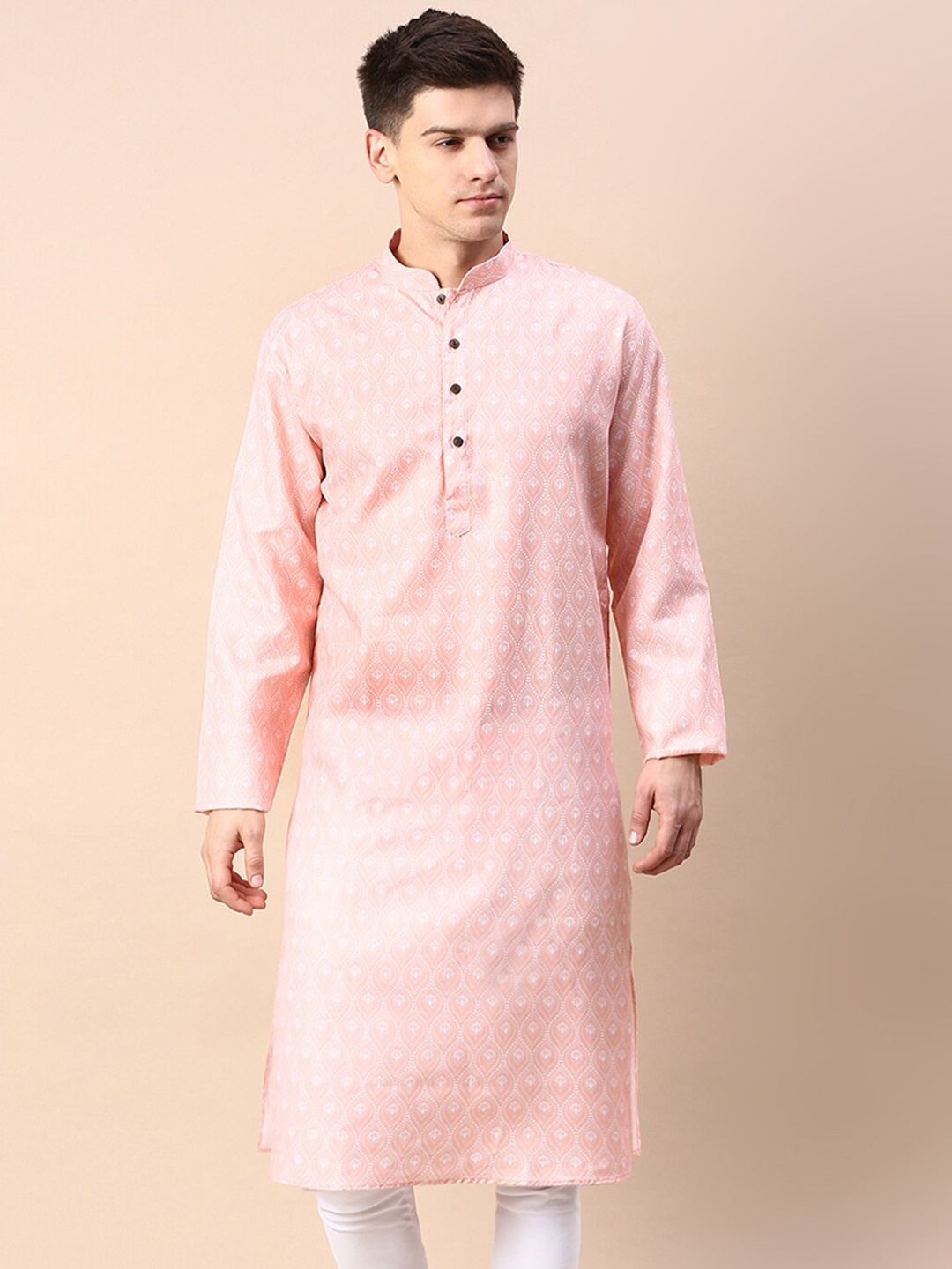 

Sanwara Floral Printed Mandarin Collar Cotton Kurta, Pink