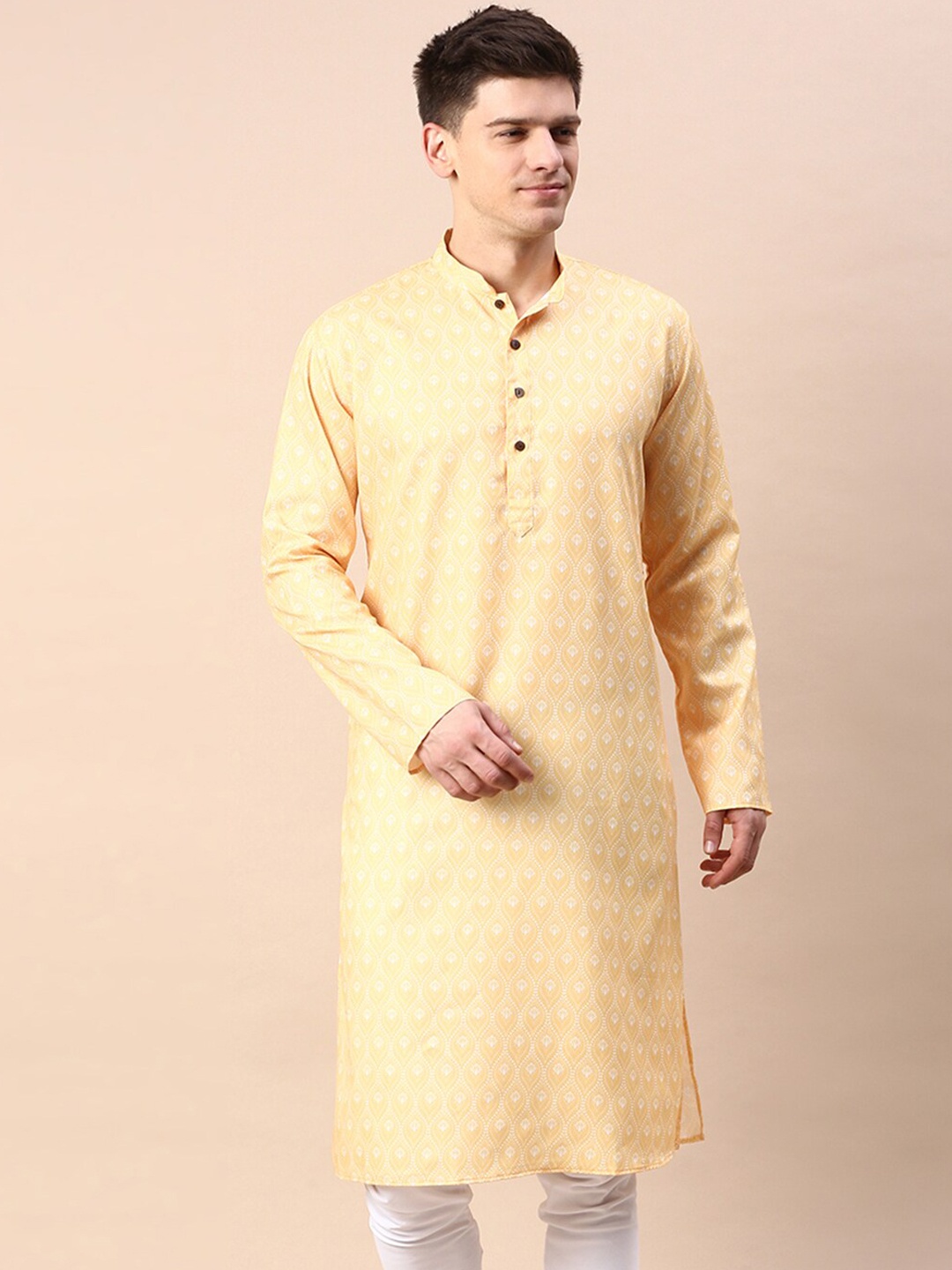 

Sanwara Floral Printed Mandarin Collar Cotton Kurta, Yellow