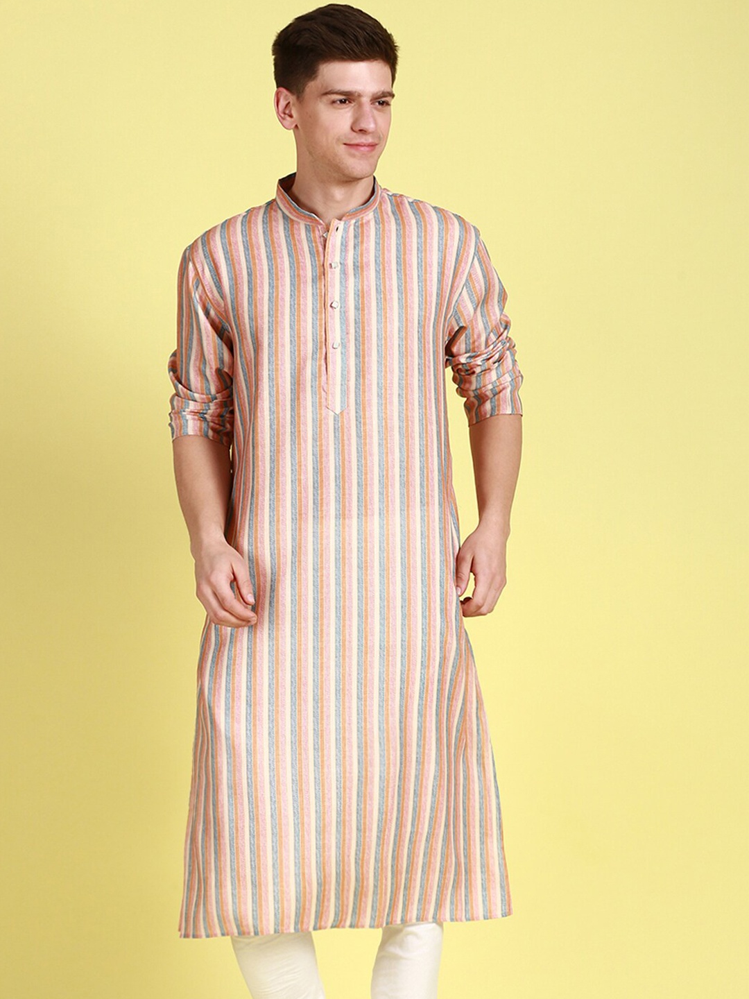 

Sanwara Men Striped Straight Cotton Kurta, Pink