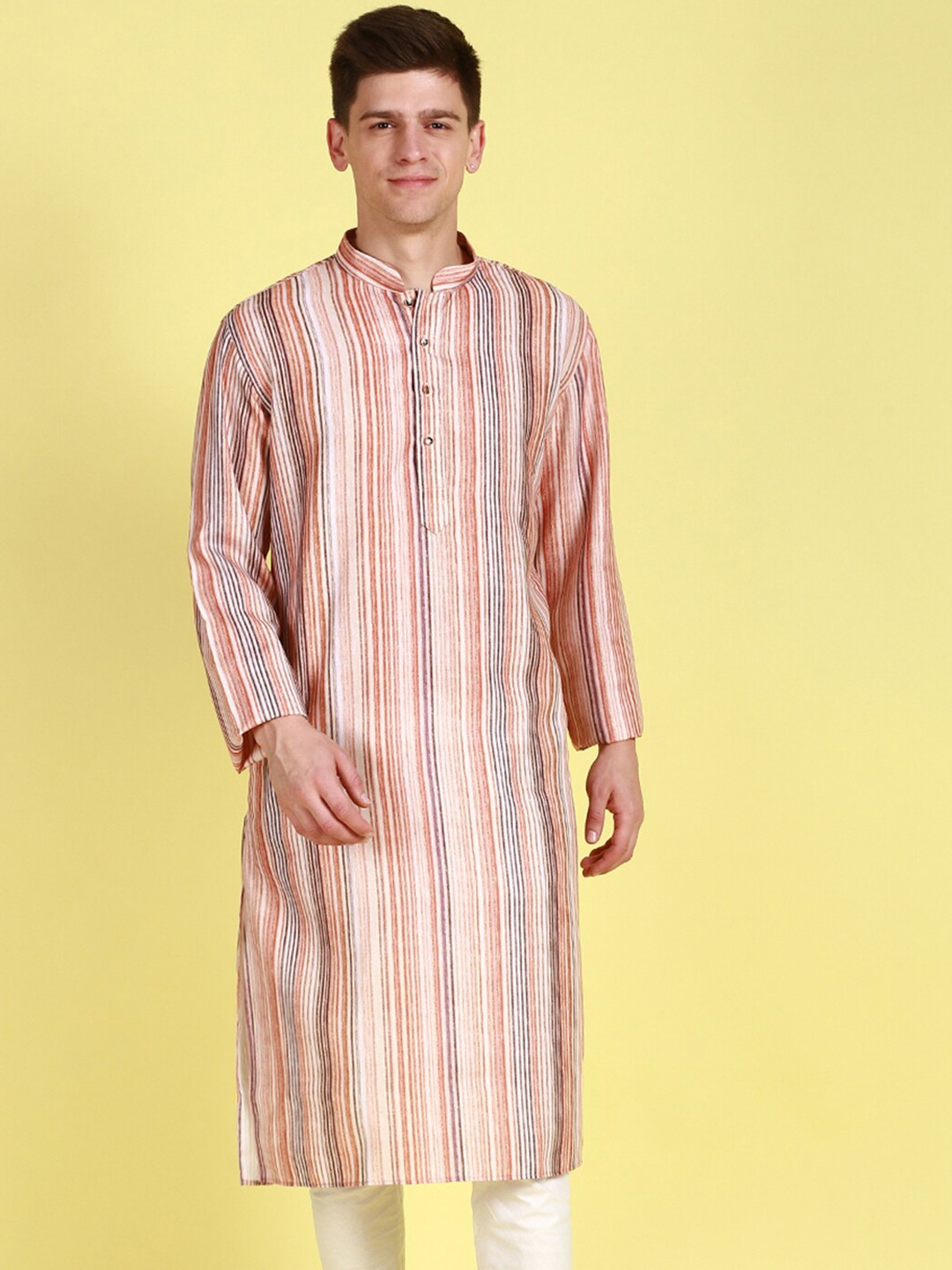 

Sanwara Striped Mandarin Collar Long Sleeves Straight Kurta, Brown