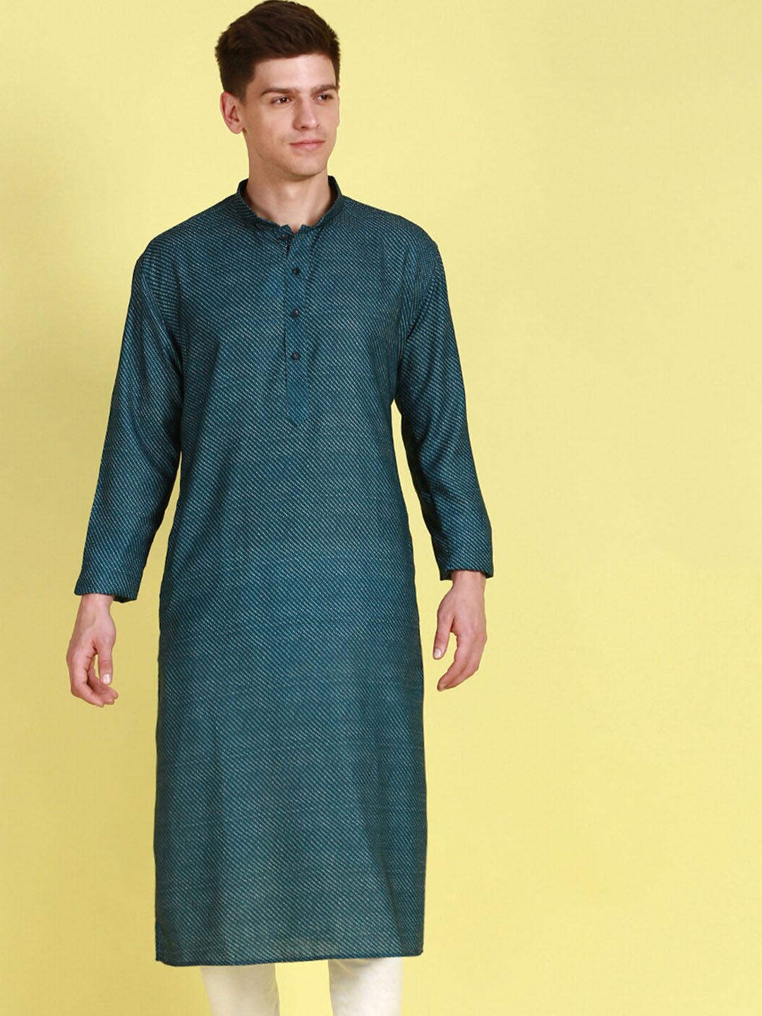 

Sanwara Bandhani Printed Mandarin Collar Cotton Kurta, Green