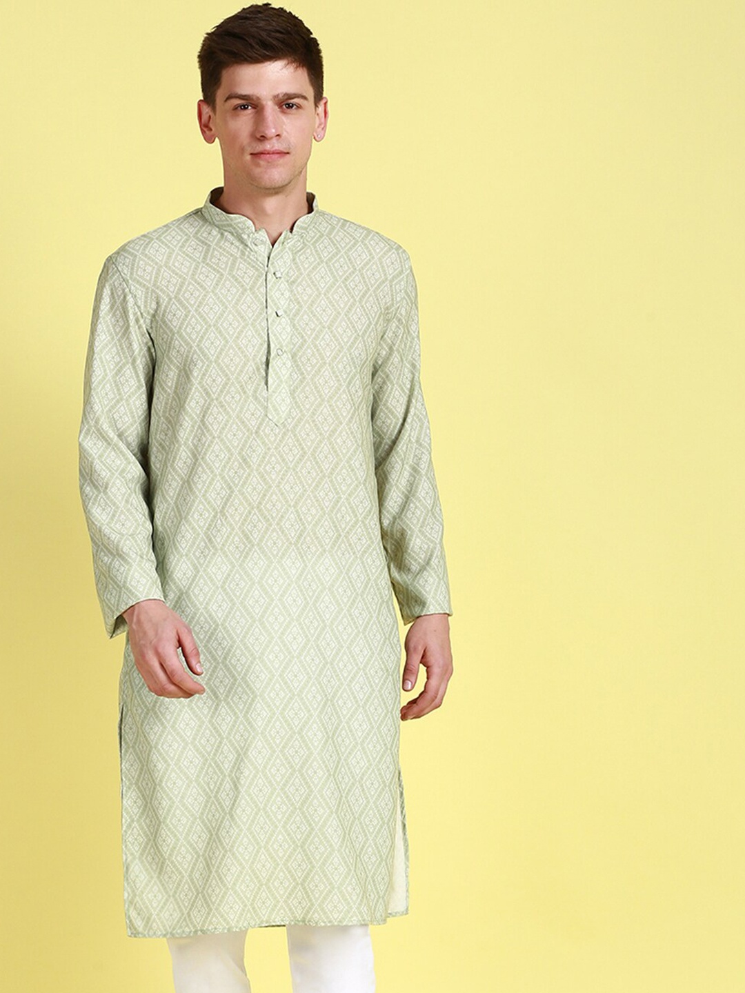 

Sanwara Bandhani Printed Mandarin Collar Cotton Kurta, Green
