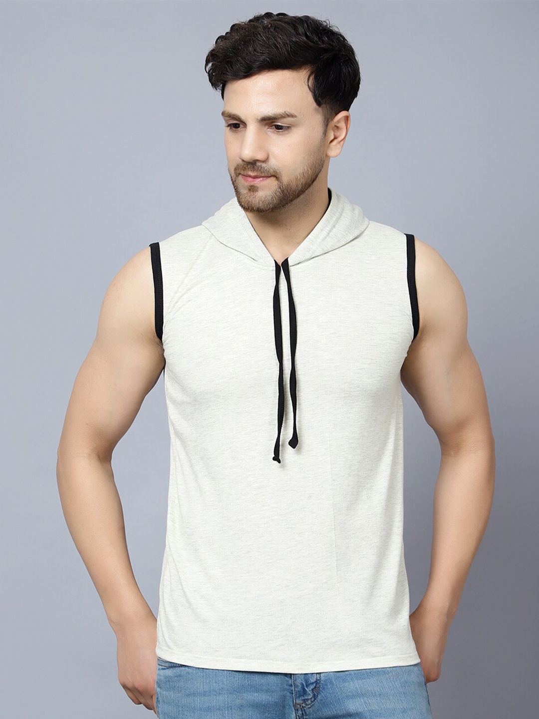 

DIAZ Sleeveless Hooded Running Cotton T-shirt, Cream