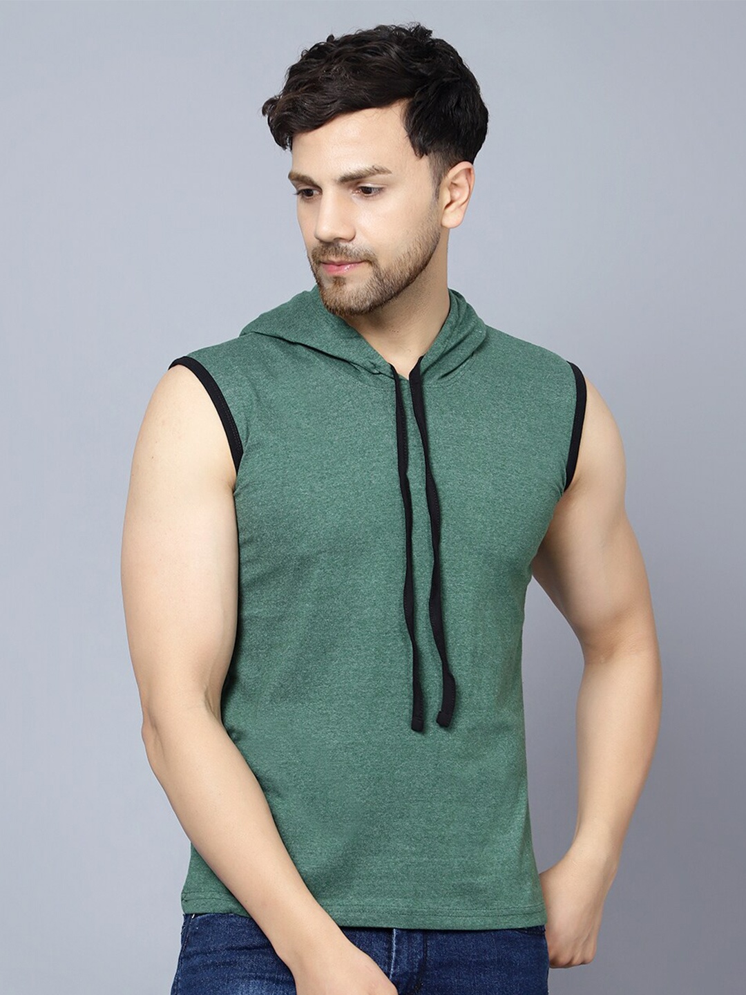 

DIAZ Sleeveless Hooded Running Cotton T-shirt, Green
