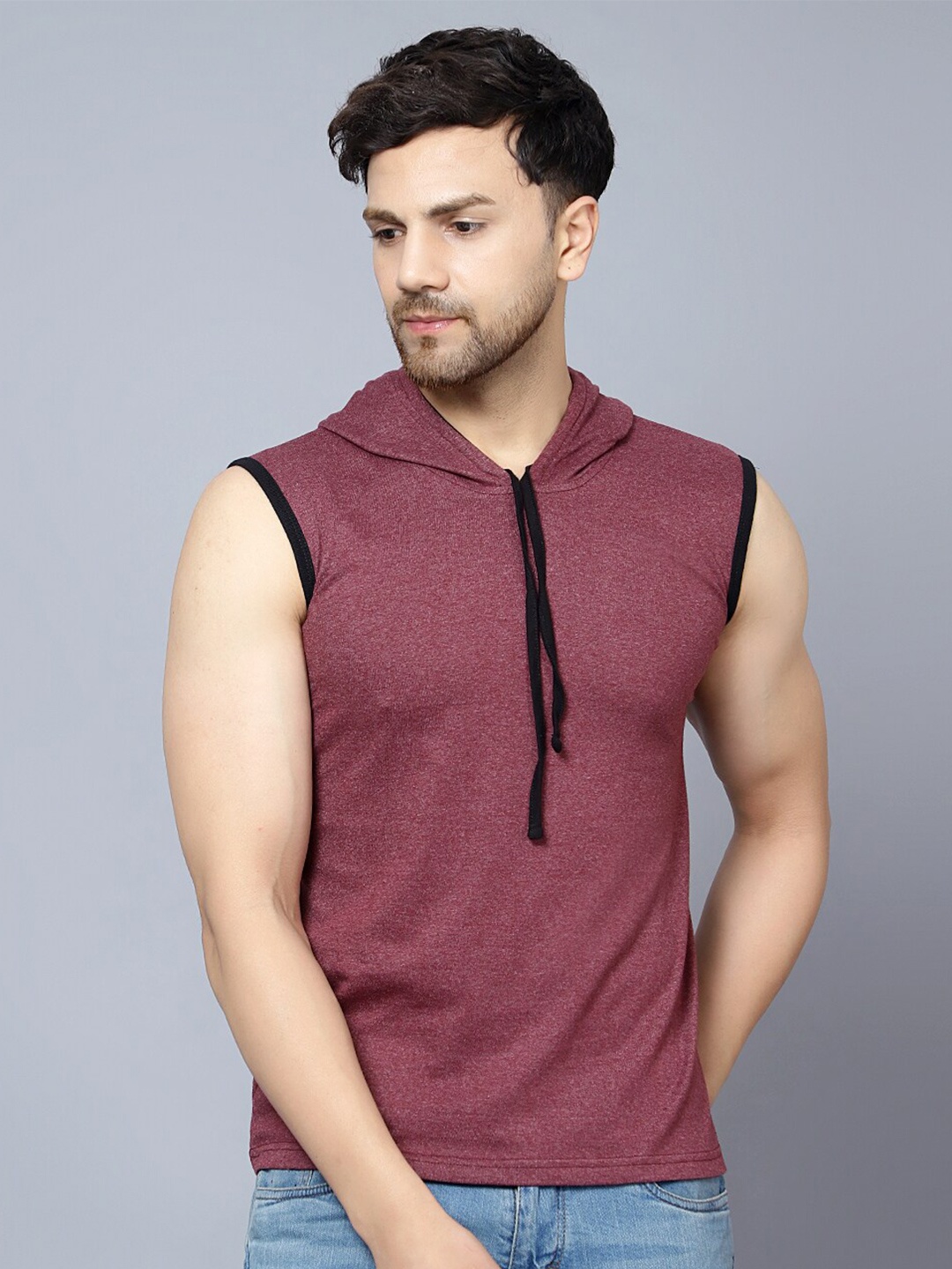 

DIAZ Sleeveless Hooded Running Cotton T-shirt, Maroon