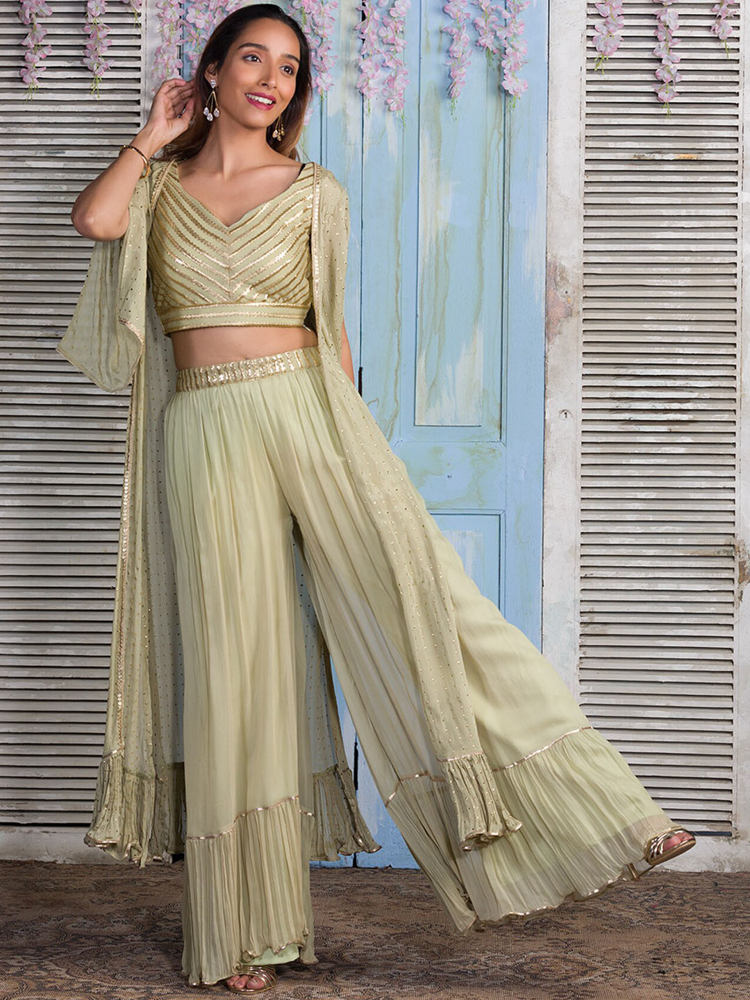 

Koskii Women Embroidered Top & Palazzos With Shrug, Green