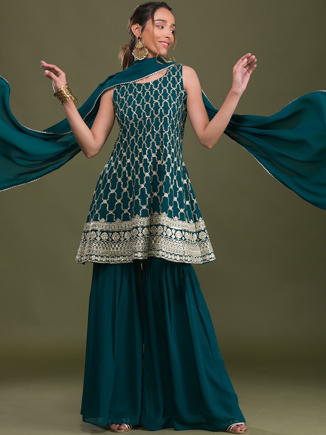 

Koskii Ethnic Motifs Embroidered Sequins Kurta with Sharara & Dupatta, Green