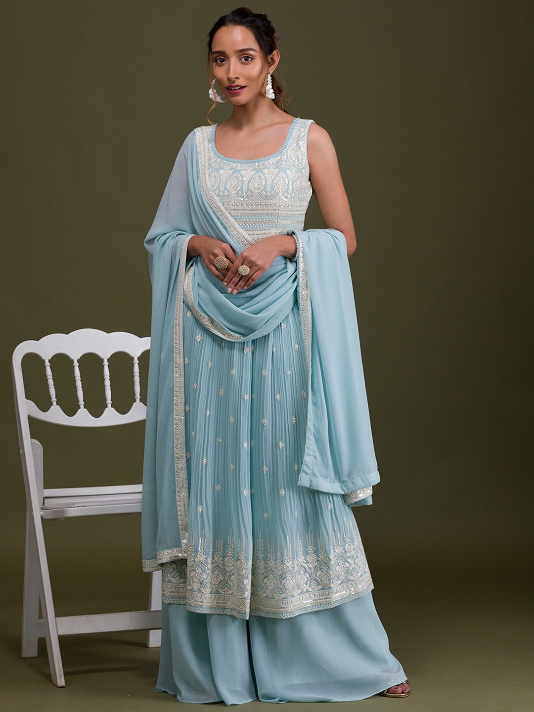 

Koskii Ethnic Motifs Embroidered High Slit Sequined Kurta with Sharara & Dupatta, Blue