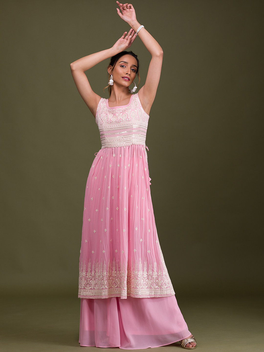 

Koskii Ethnic Embroidered High Slit Sequined Kurta with Palazzos & Dupatta, Pink