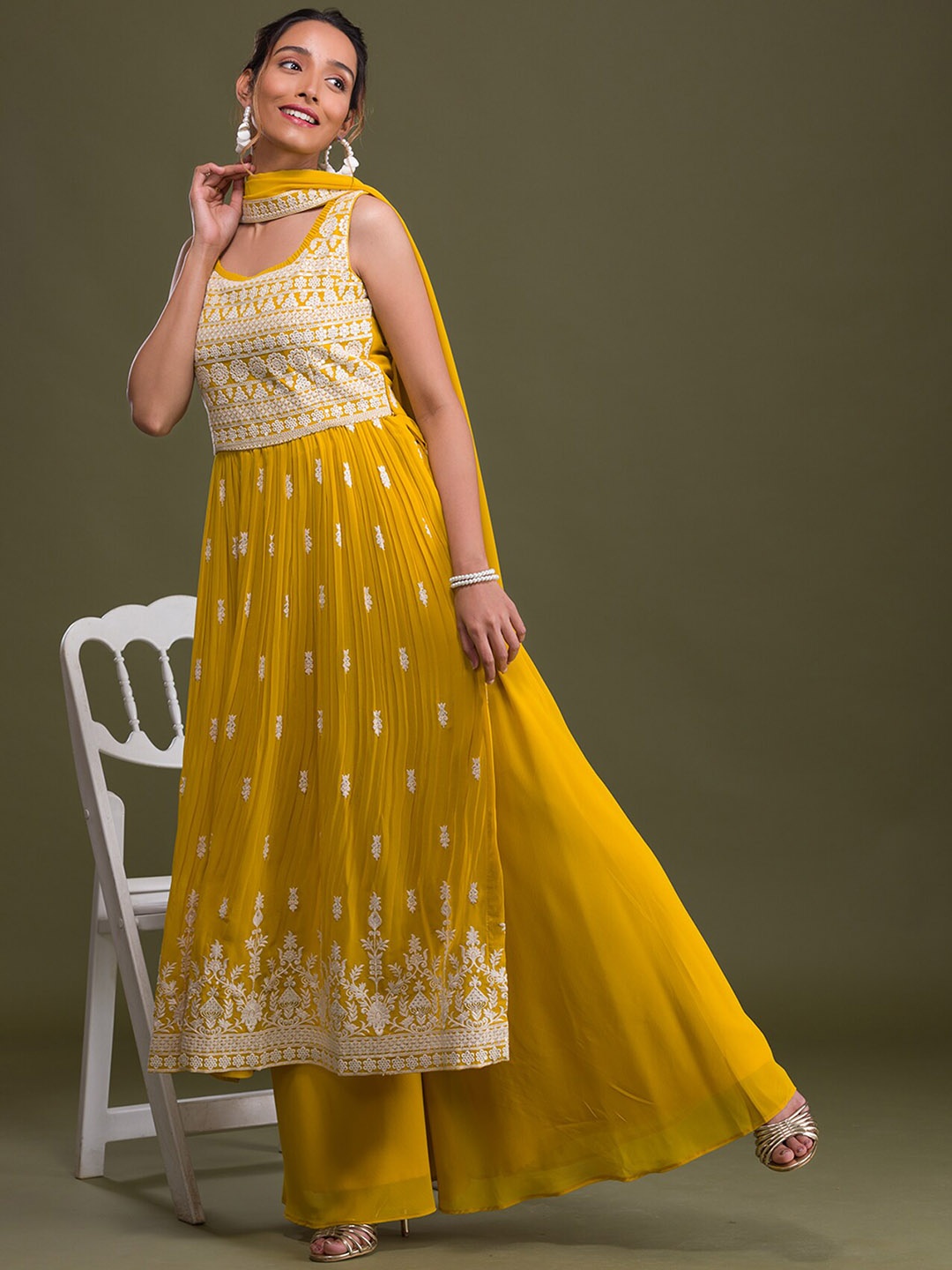 

Koskii Ethnic Embroidered High Slit Sequined Kurta with Palazzos & Dupatta, Mustard