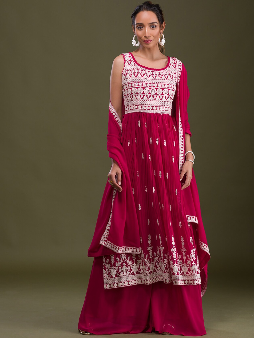 

Koskii Ethnic Embroidered High Slit Sequined Kurta with Palazzos & Dupatta, Pink