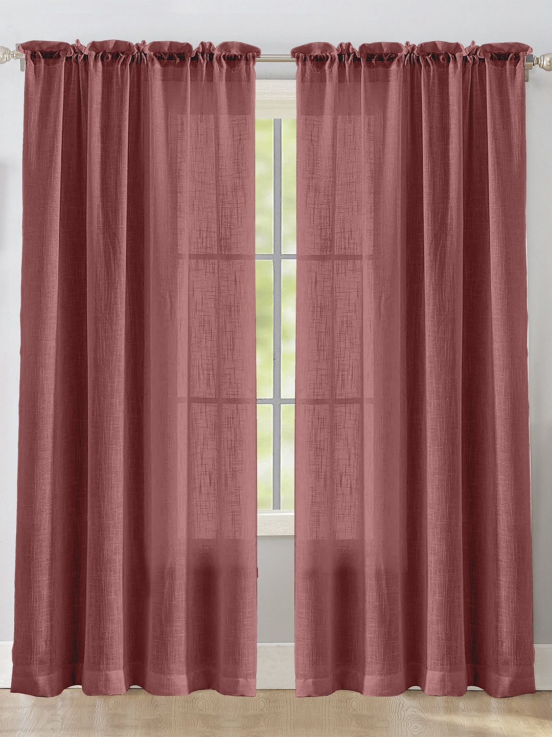 

HOMEMONDE Maroon 2 Pieces Sheer Rod Pocket Cotton Long Door Curtains