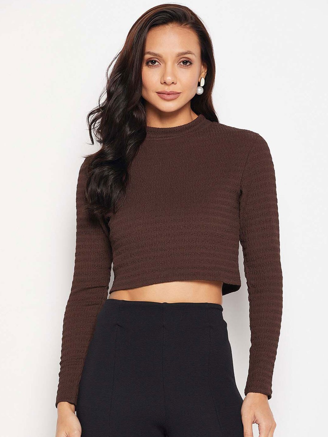 

CAMLA Self Design High Neck Long Sleeves Crop Top, Coffee brown