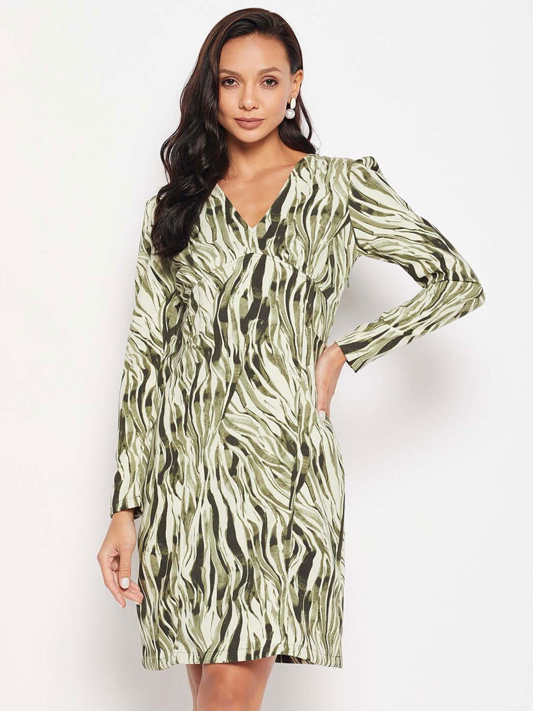 

CAMLA Animal Print Puff Sleeve Sheath Dress, Olive