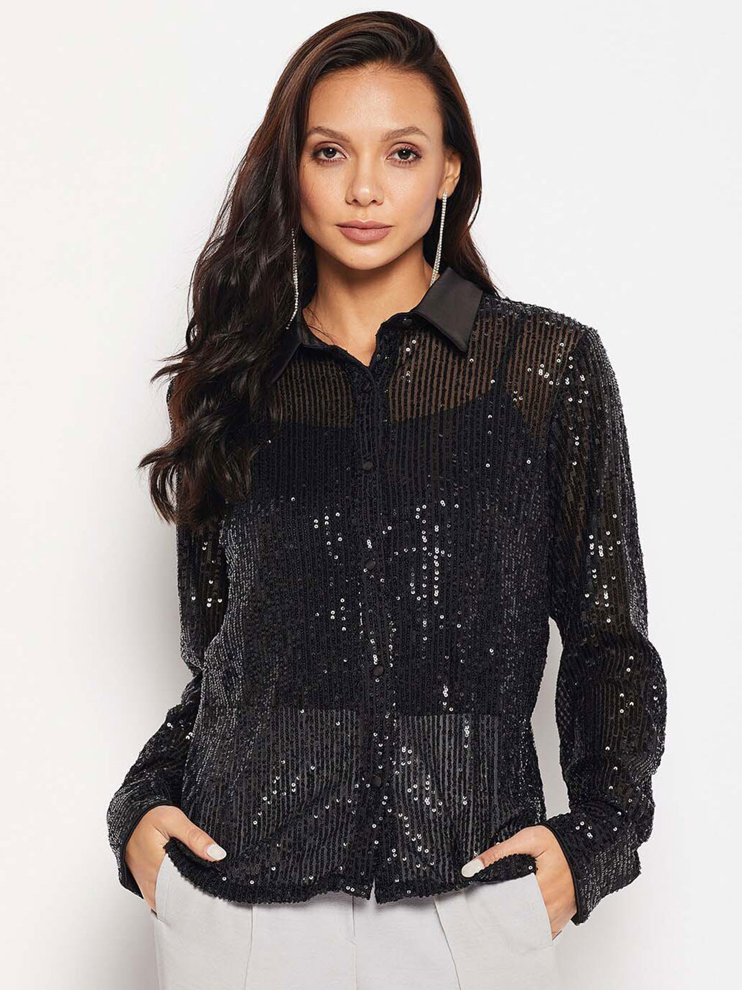 

CAMLA Embellished Sequinned Sheer Shirt, Black