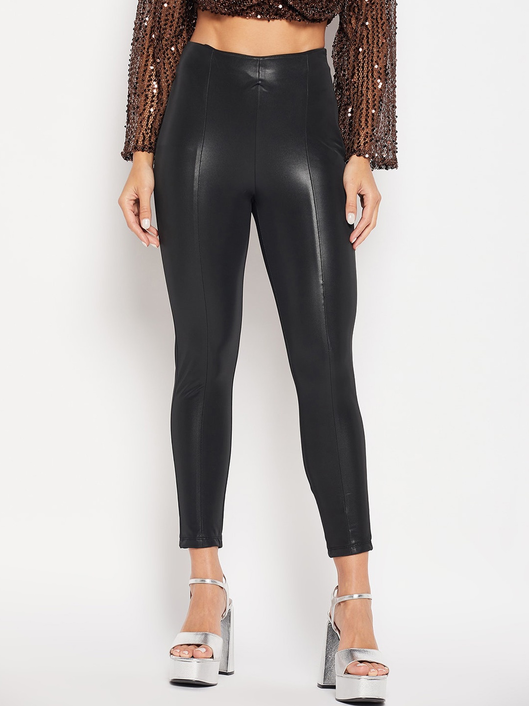 

CAMLA Women Mid-Rise Skinny Fit Slip-On Cropped Trousers, Black