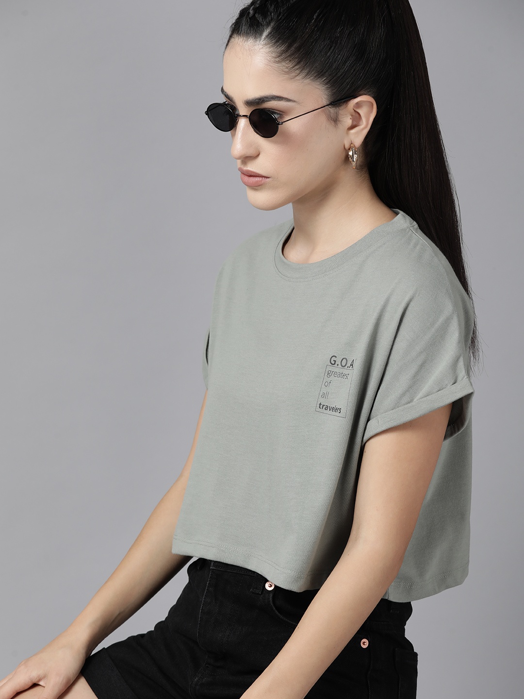 

Roadster Printed Extended Sleeves Crop Top, Green