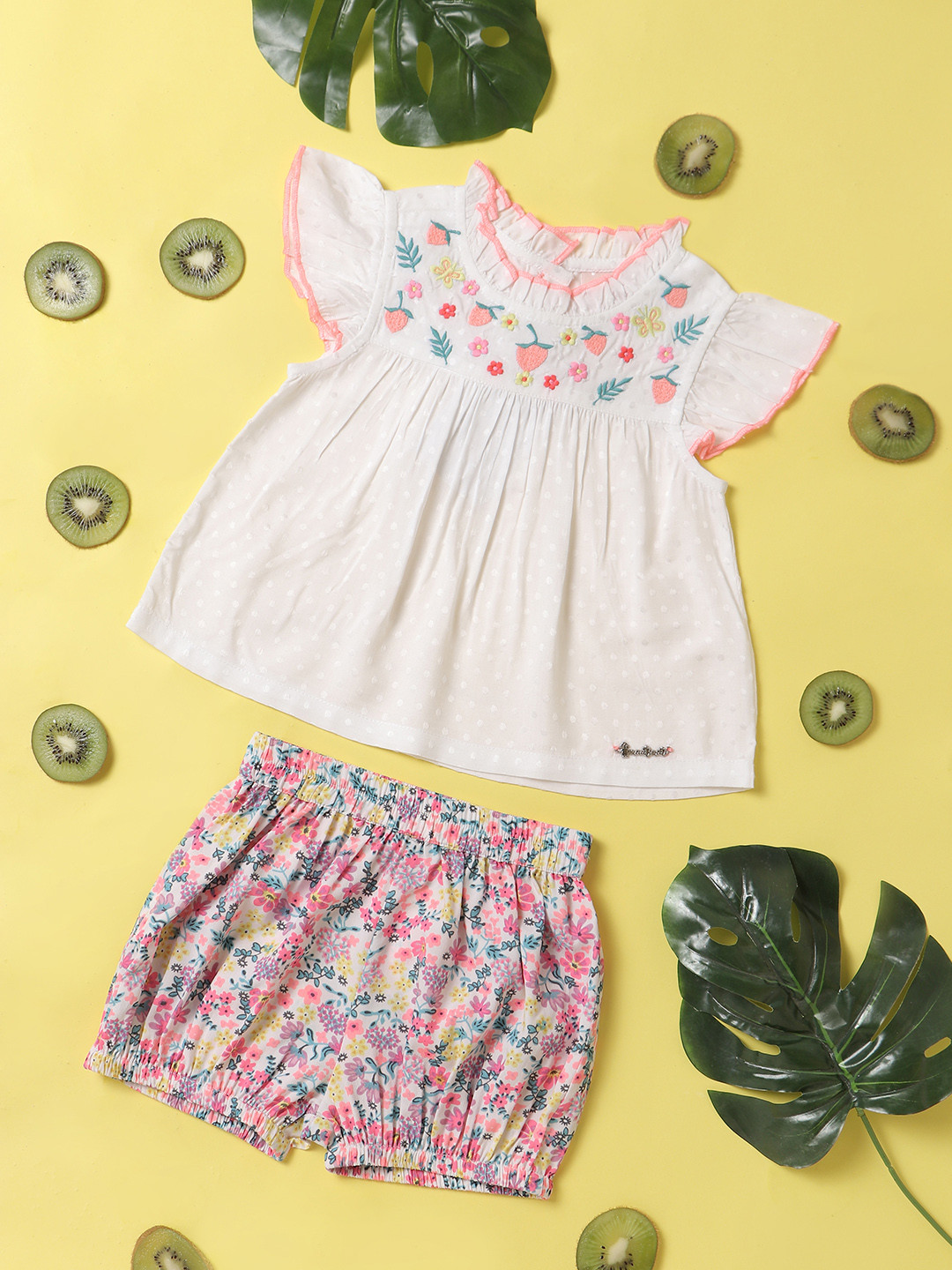 

Nauti Nati Girls Floral Embroidered Frilled Top With Shorts, White