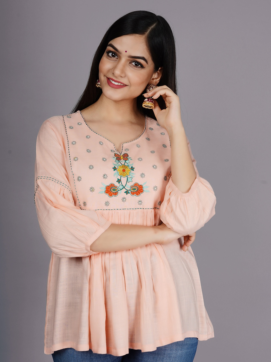 

NITVAN Floral Embroidered Puff Sleeves Gathered A-Line Top, Peach