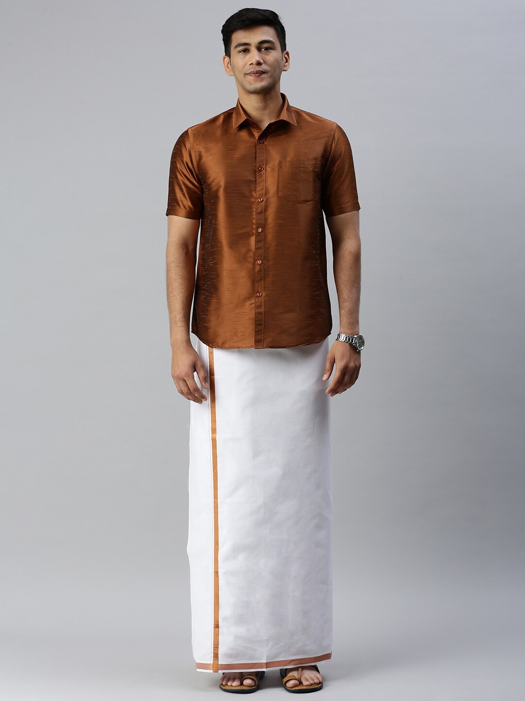 

Ramraj Men Spread Collar Short Sleeves Shirt and Dhoti Set, Copper