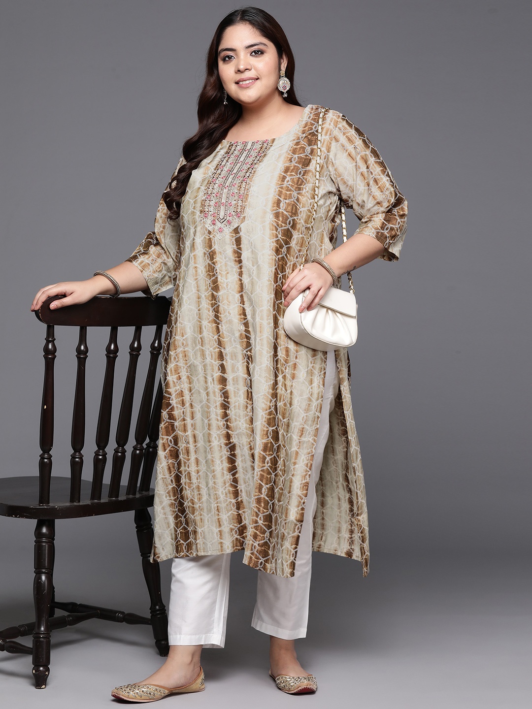 

EXTRA LOVE BY LIBAS Plus Size Women Abstract Printed Kurta, Brown