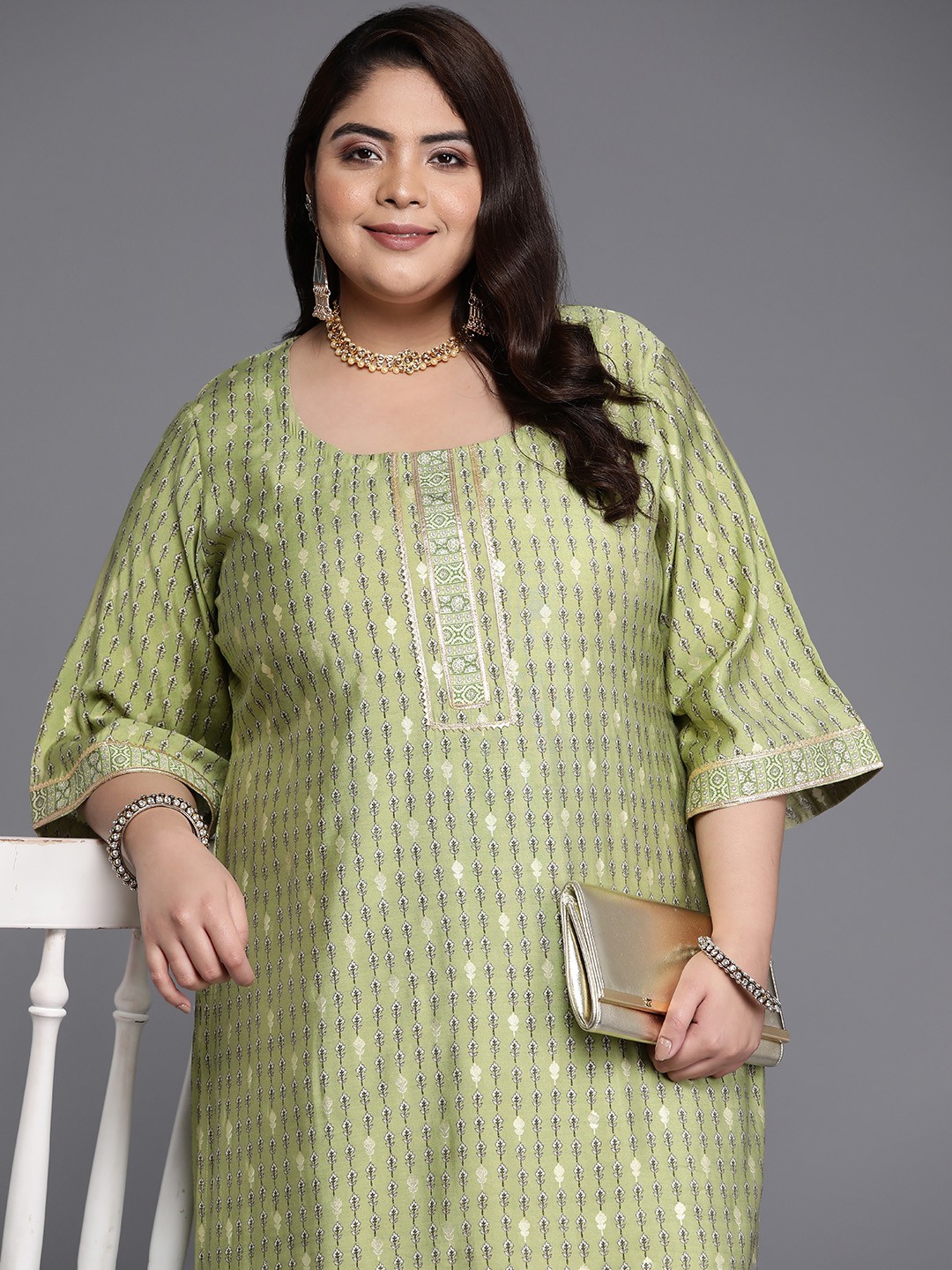 

EXTRA LOVE BY LIBAS Plus Size Floral Printed Flared Sleeves Gotta Patti Kurta, Green