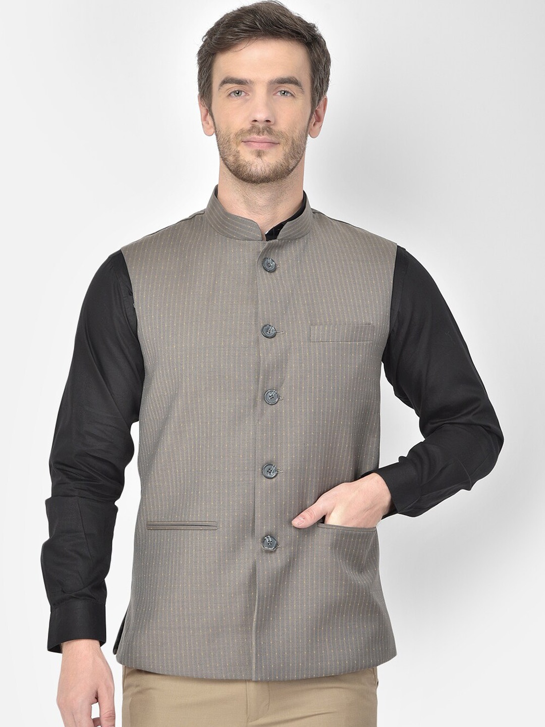 

Canary London Woven Design Cotton Linen Slim Fit Nehru Jacket, Grey