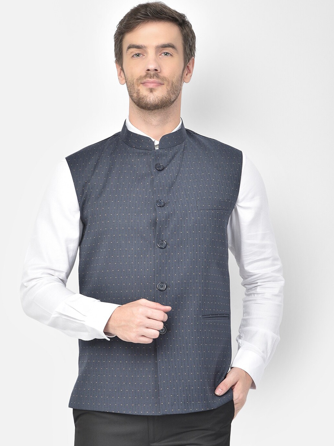 

Canary London Printed Cotton Linen Slim Fit Nehru Jackets, Navy blue
