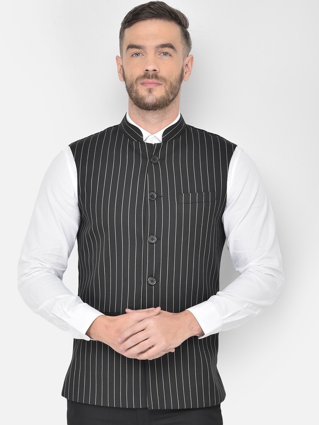 

Canary London Striped Slim Fit Nehru Jackets, Black